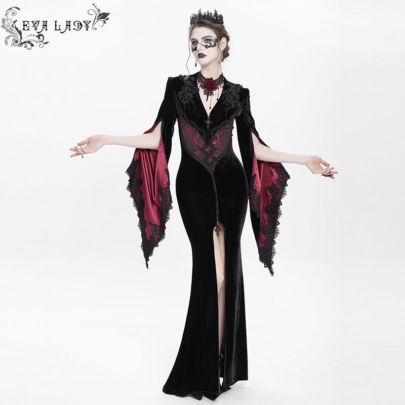 gothic black and red dress Wedding With Jacquard Trim Belt this maxi dress exudes an air of mystery and charm Vintage / Retro Medieval Gothic