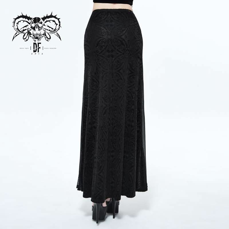 Stretchy Gothic Pattern Cross Shaped Mesh Splicing Sexy Ladies Velvet Long Half Skirt