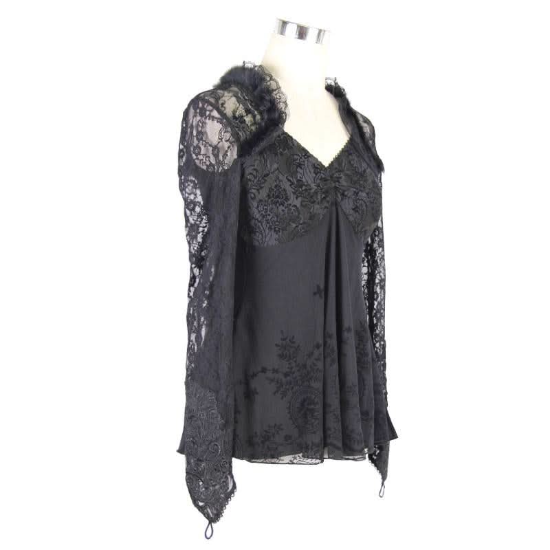 Gothic V Neck Mesh Long Sleeves Sexy Women Rose Lace Bottoming T Shirt