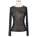 Daily Spider Web Jacquard Classic Style Round Collar Long Sleeve Mesh Women T Shirts