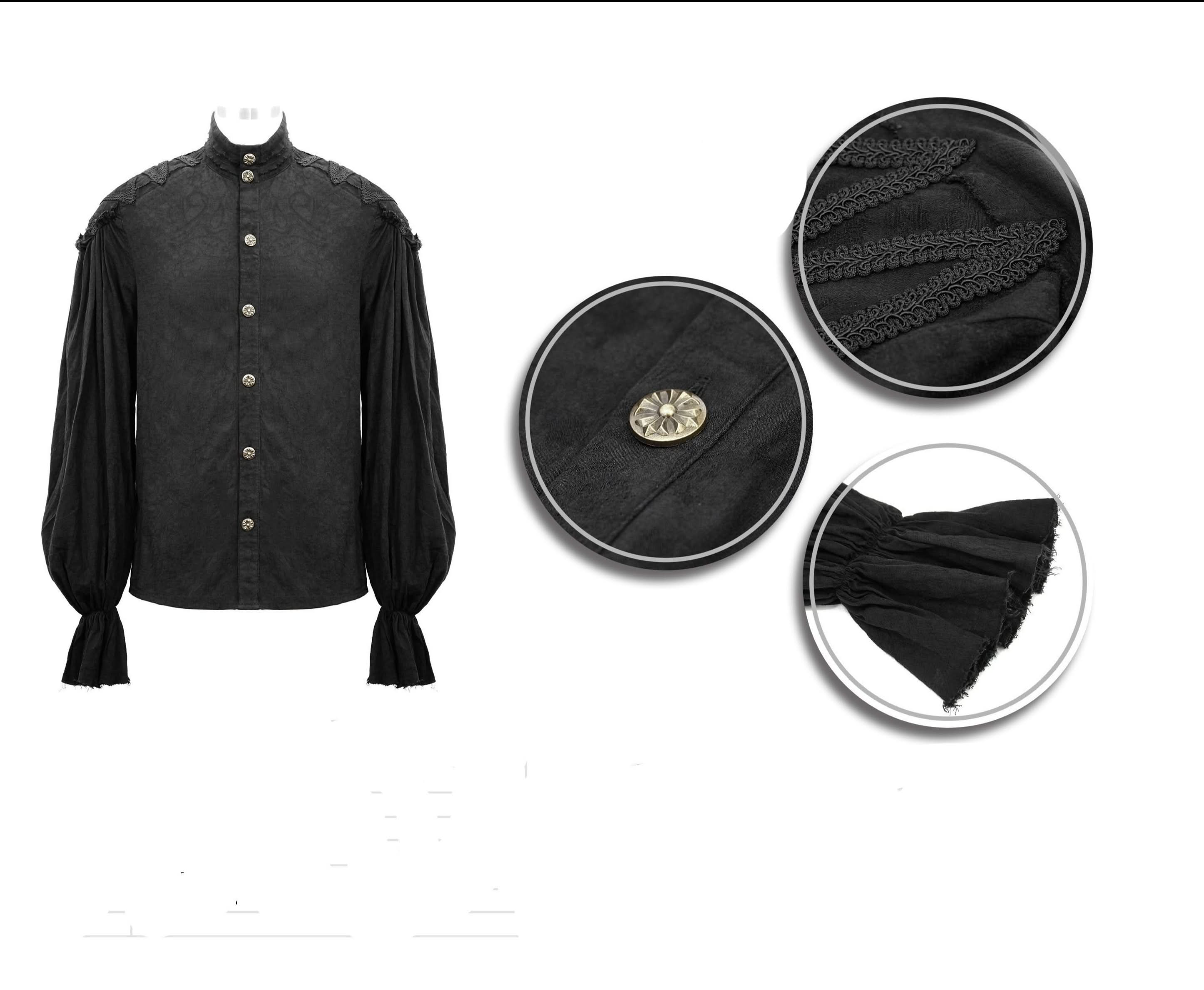 Steampunk Puff Sleeve Dark Grain Jacquard Cotton And Linen Men Black Shirts