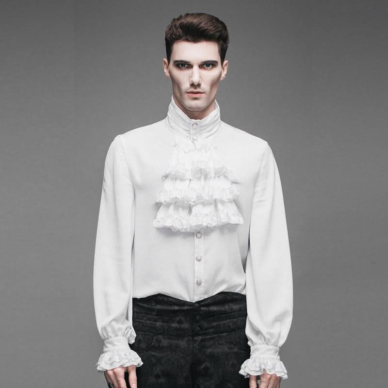 Punk Wedding High Collar Gothic Chiffon Men White Shirts With Bow Tie