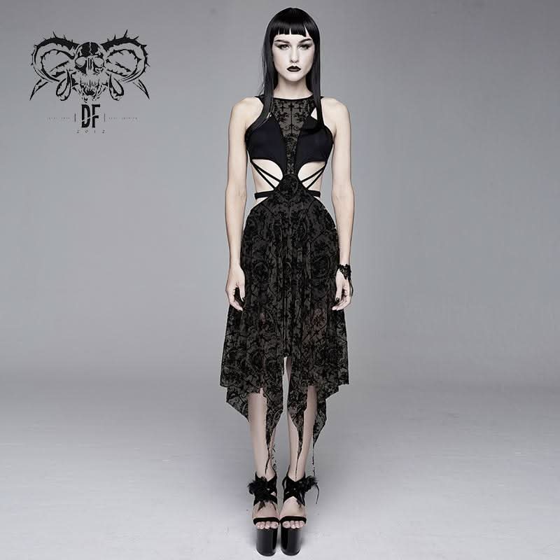 goth mesh dress LANSHULAN Gothic Lightweight Contrast Lace Split Sleeve Cold Shoulder Mesh Dress Clothes Black at Amazon Women's Clothing store