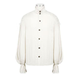 Steampunk Puff Sleeve High Collar Cotton And Linen Men White Shirts