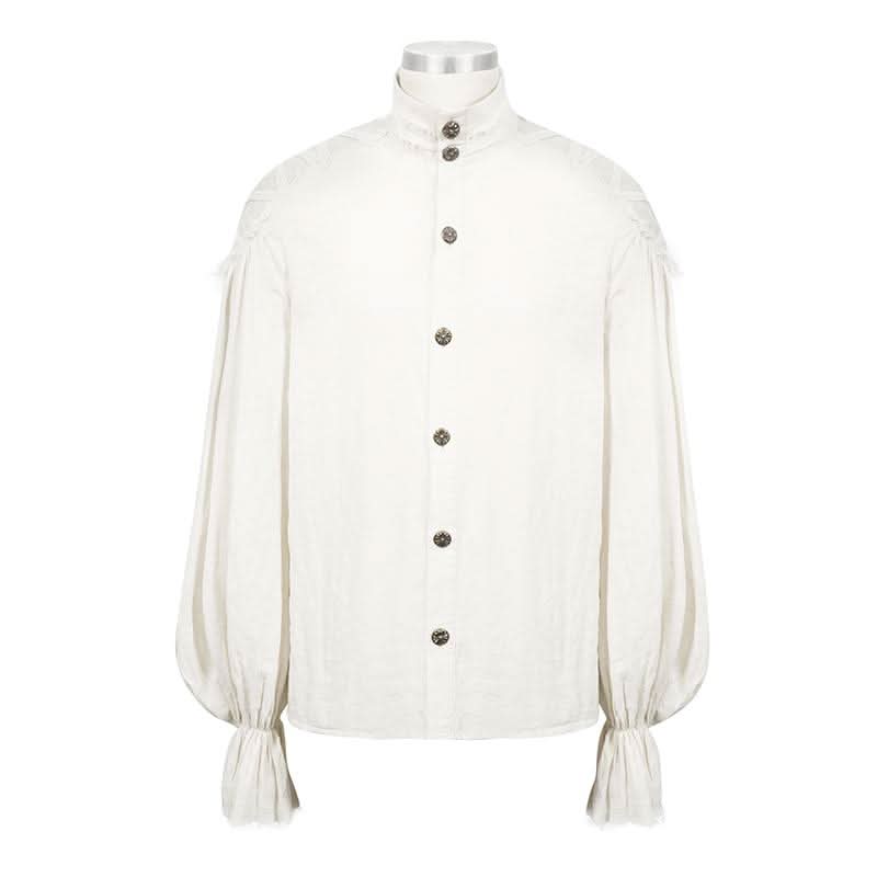Steampunk Puff Sleeve High Collar Cotton And Linen Men White Shirts
