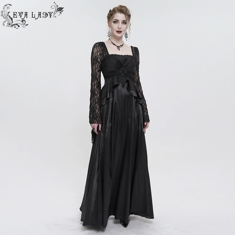satin gothic dress Gothic Long Renaissance Steampunk Satin Lace Dress sz.8-10 Prom bead embroidery