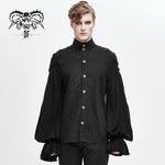 Steampunk Puff Sleeve Dark Grain Jacquard Cotton And Linen Men Black Shirts