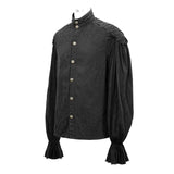 Steampunk Puff Sleeve Dark Grain Jacquard Cotton And Linen Men Black Shirts