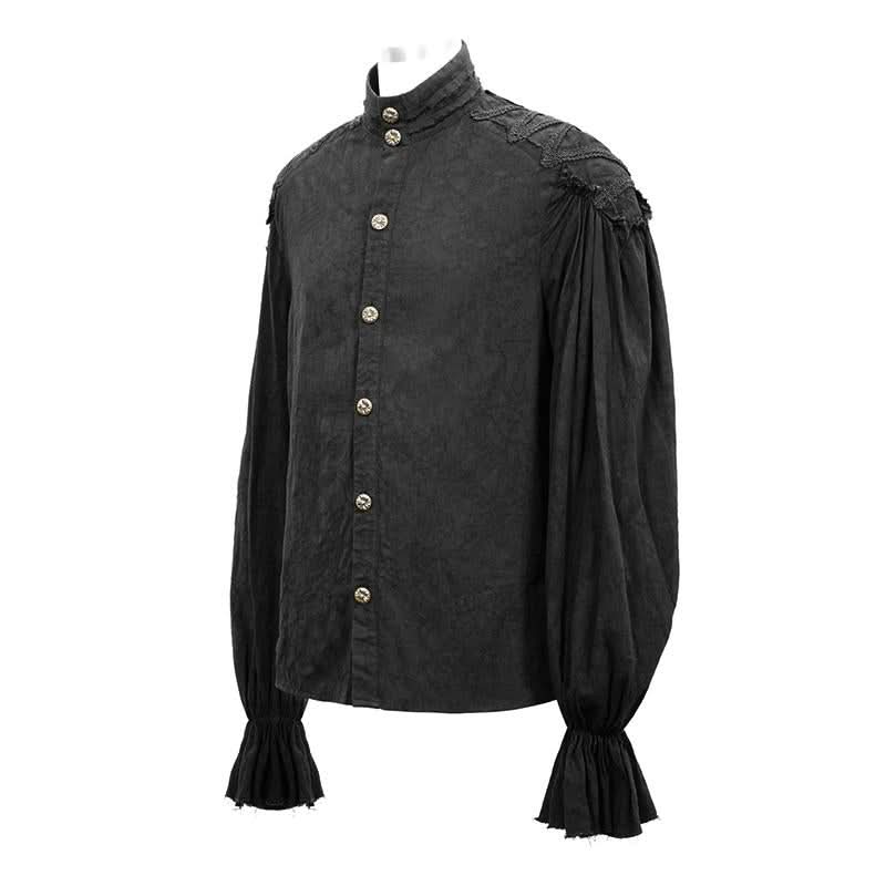 Steampunk Puff Sleeve Dark Grain Jacquard Cotton And Linen Men Black Shirts