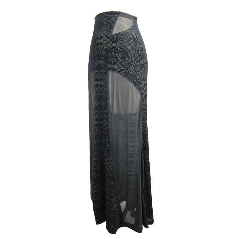 Stretchy Gothic Pattern Cross Shaped Mesh Splicing Sexy Ladies Velvet Long Half Skirt