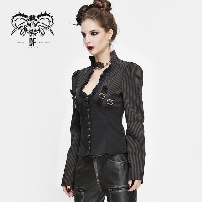 Black And Coffee Steampunk Striped Low Collar Bare Breast Sexy Women Blouse