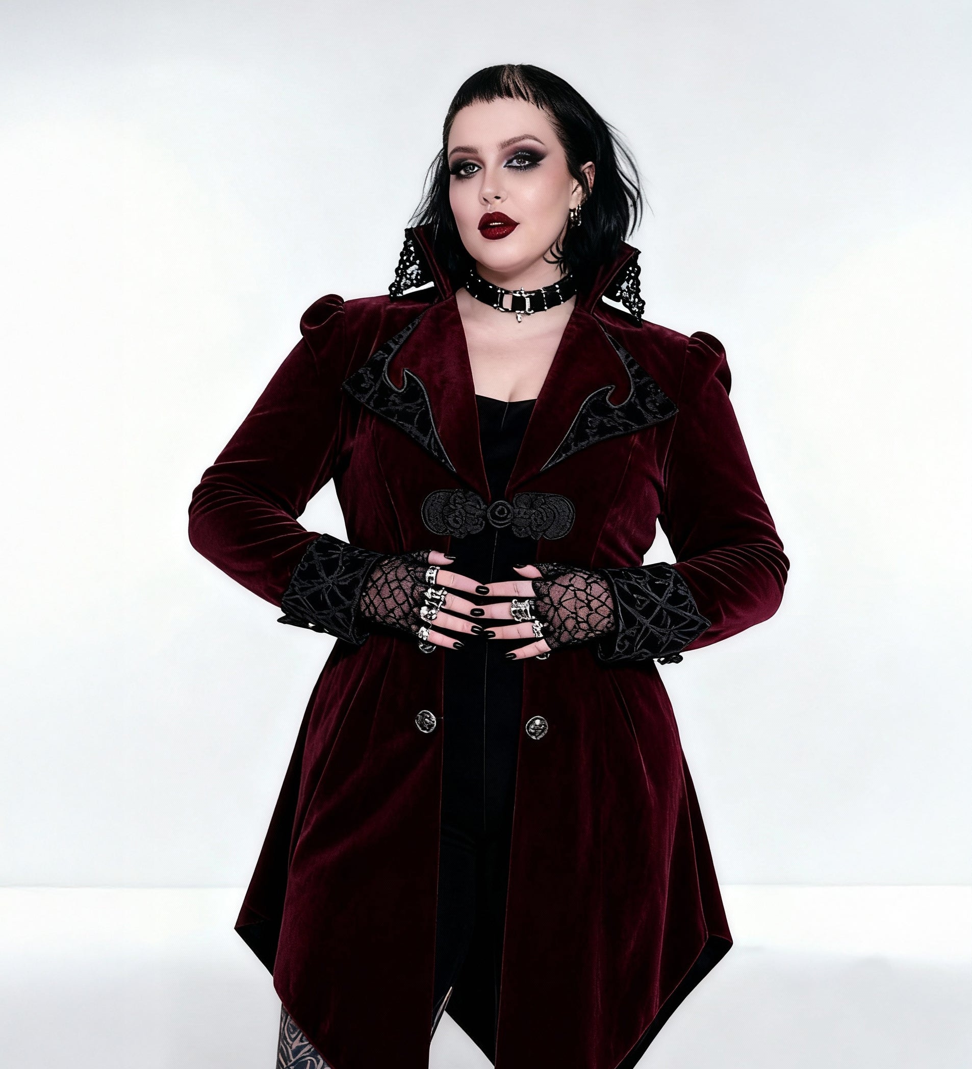 'Crimson Moon' Embroidered Gothic coat with High Collar