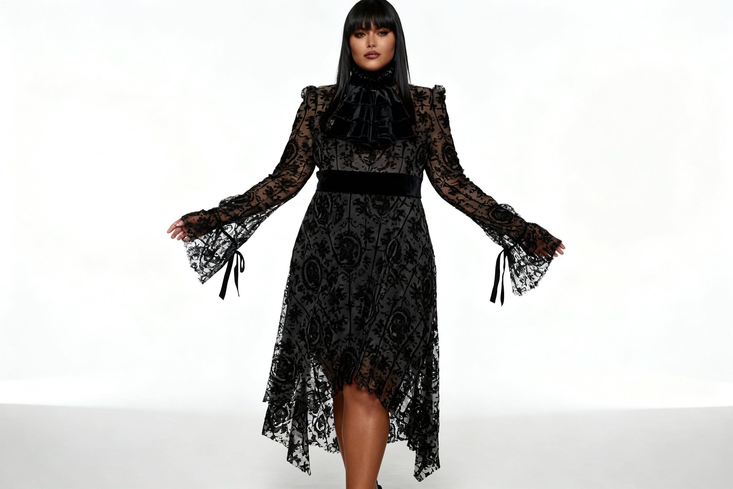 'Wilhelmina' Gothic Floral Mesh Dress