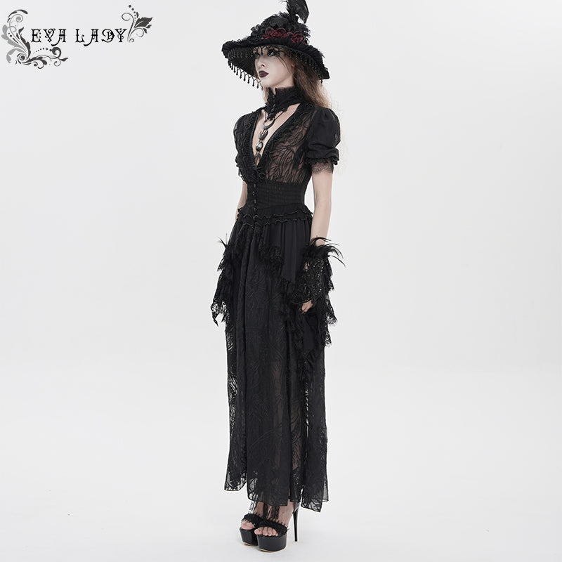 Shadow Bloom Gothic Branch-Embroidered Chiffon Long Cardigan Dress