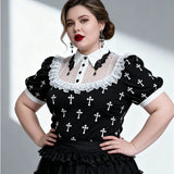 'Falling' Gothic Crucifix Patterned Printed Top (White)