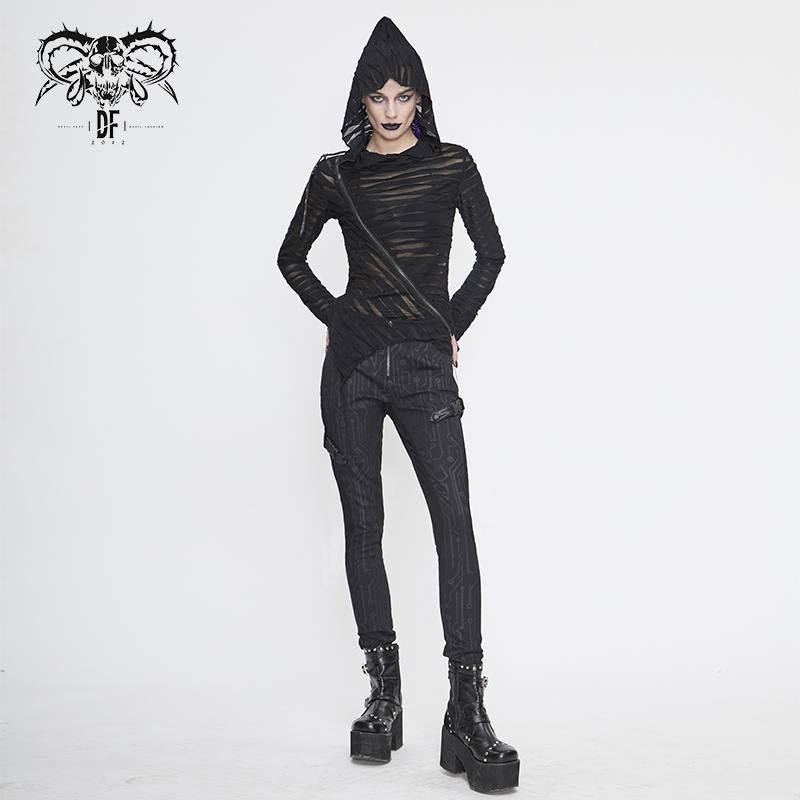 Pt142 Cyberpunk Circuit Printed Leather Loops Women Pants