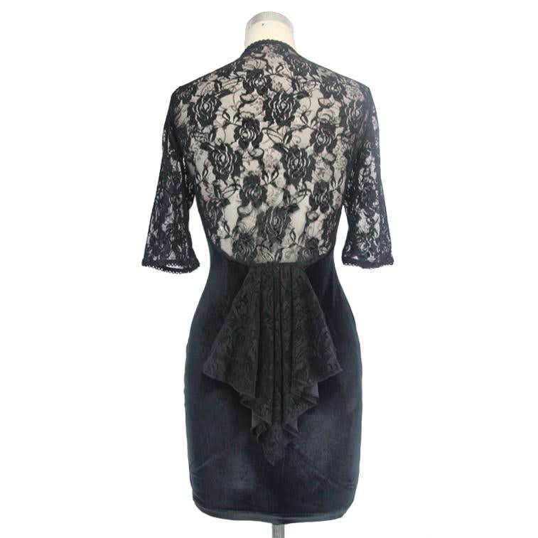 Daily Lace Raglan Sleeves Rose Mesh Flocking Sexy Women Deep V Velvet Dress With Lotus Leaf