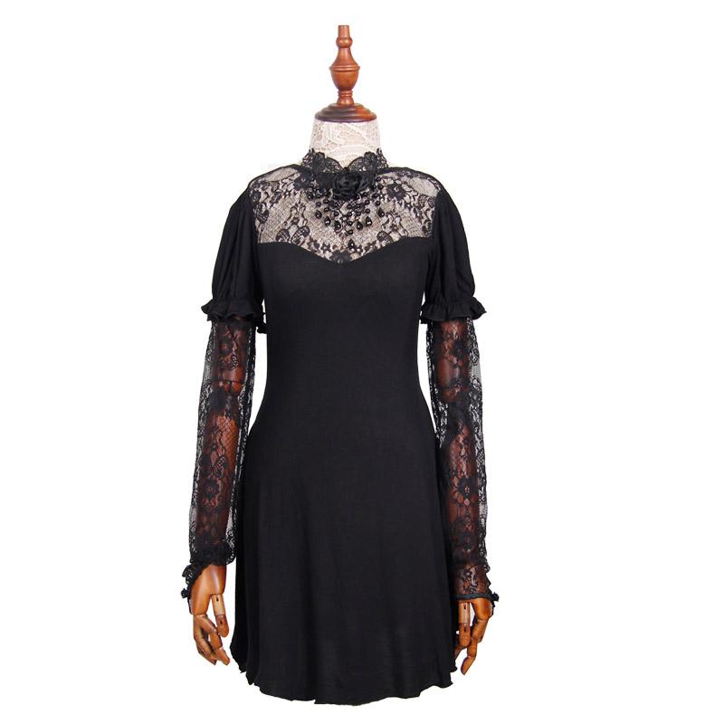 Gothic Sexy Women Mid Length Gothic Patterned Lace Modal T Shirt With Necklace