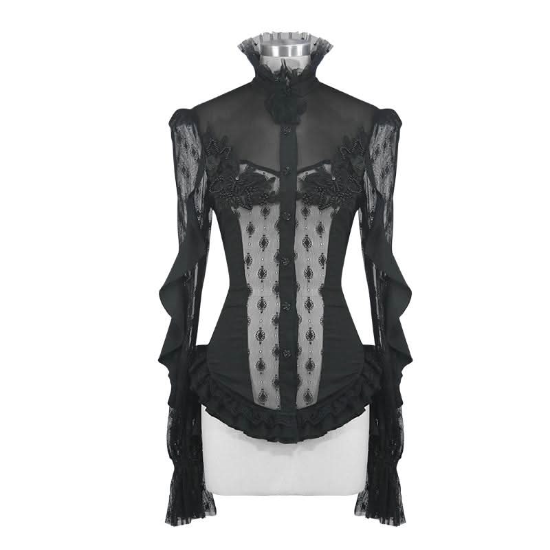 See Through Diamond Pattern Lace Sexy Ladies Gothic Chiffon Blouse With Beaded Flower