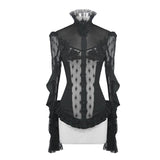 See Through Diamond Pattern Lace Sexy Ladies Gothic Chiffon Blouse With Beaded Flower