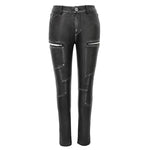 Punk Biker Block Shaped Patchwork Hand Rubbed Gray Women Leather Pants