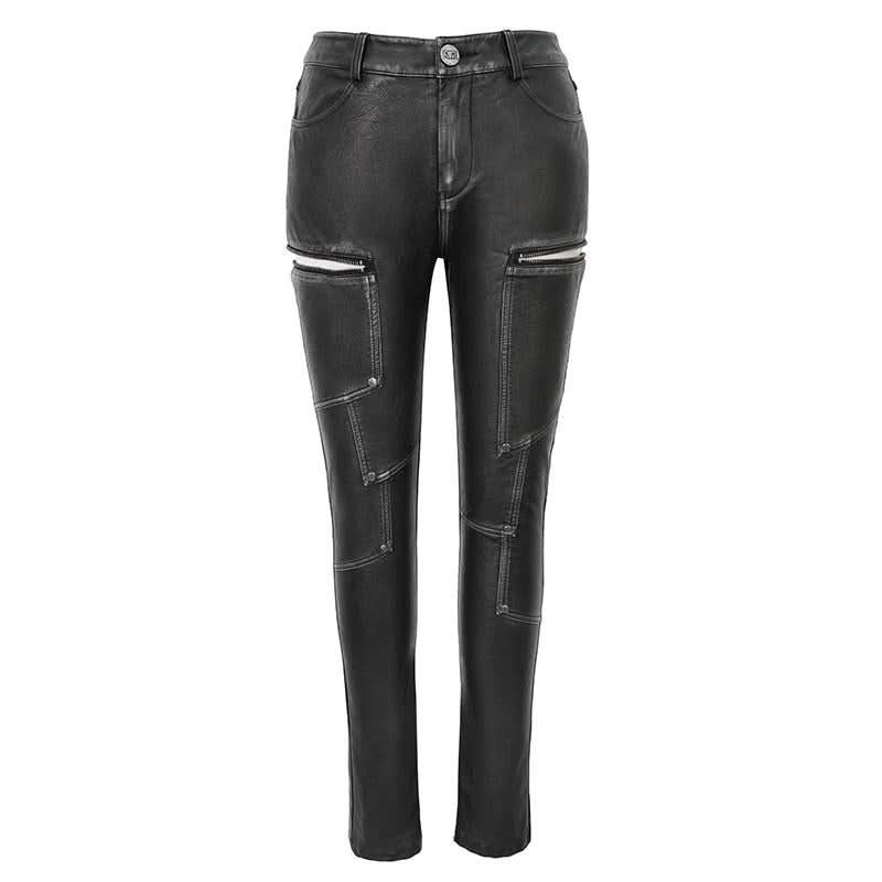Punk Biker Block Shaped Patchwork Hand Rubbed Gray Women Leather Pants
