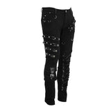 Punk Heavy Metal Lace Up Leg Torn Men Trousers With Loops