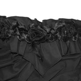 Horizontal Neck Elastic Rubber Waist Stretchy Women Black Shirts With Rose Flower