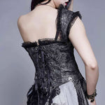 Black And Silver Irregular Chiffon Lace And Ruffles Hem Corset With Shoulder Strap