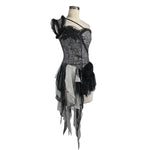 Black And Silver Irregular Chiffon Lace And Ruffles Hem Corset With Shoulder Strap