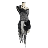 Black And Silver Irregular Chiffon Lace And Ruffles Hem Corset With Shoulder Strap