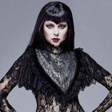 Gothic Black And Silver Eyelash Lace Jacquard High Collar Women Triangular Shawl