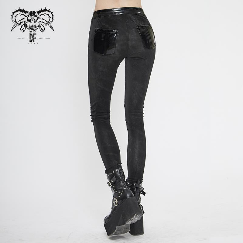 Pt125 Women Punk Dark Fringe Patent Leather Spliced Leggings