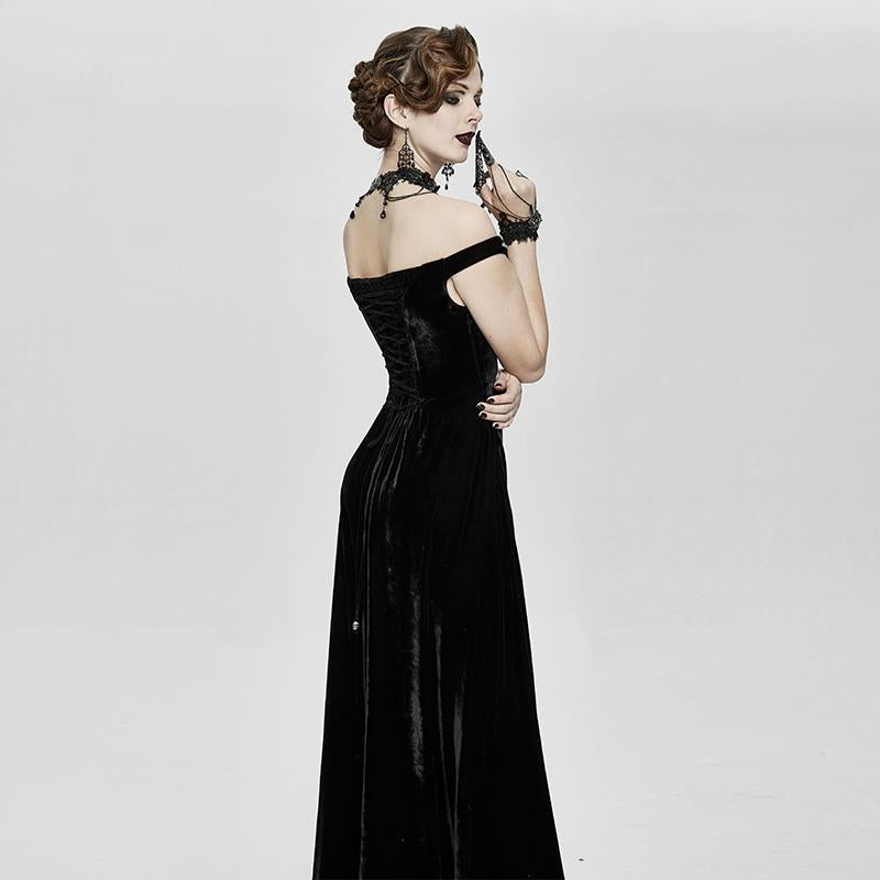Gothic Party Queen Velvet Flat Shouders Lace Up Deep V Chest Slim Sexy Long Dress
