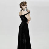 Gothic Party Queen Velvet Flat Shouders Lace Up Deep V Chest Slim Sexy Long Dress