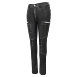 Punk Biker Block Shaped Patchwork Hand Rubbed Gray Women Leather Pants