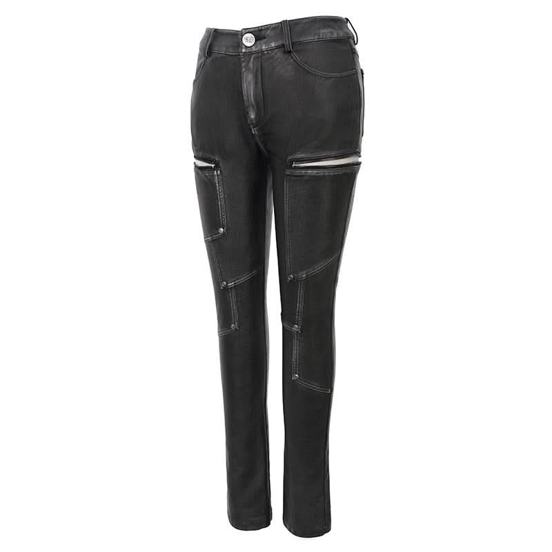 Punk Biker Block Shaped Patchwork Hand Rubbed Gray Women Leather Pants