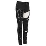 Punk Asymmetrical Spliced Broken Hole Women Worn Out Pants With Chains