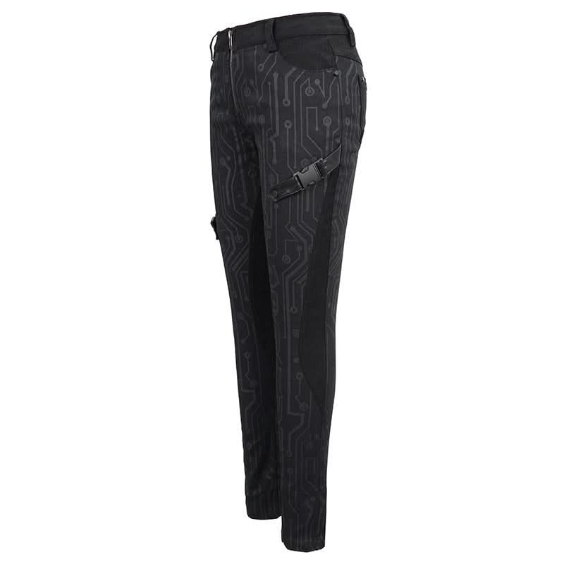 Pt142 Cyberpunk Circuit Printed Leather Loops Women Pants