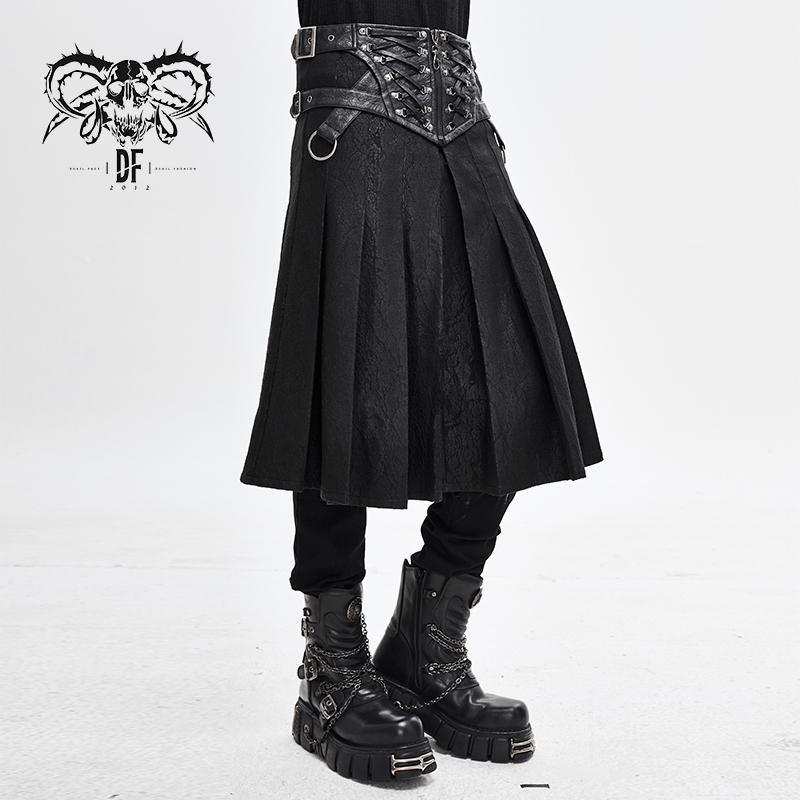 Punk Metallic Mist Textured Leather Waistband Dark Grain Pleated Men Kilts