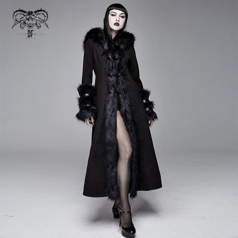 Winter Sexy Women Black Gothic Double Faced Woolen Hooded Long Coat With Fur