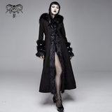 Winter Sexy Women Black Gothic Double Faced Woolen Hooded Long Coat With Fur