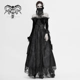 Gothic Off Shoulder Lace Pleated Sexy Women Formal Long Dress With Fur Collar
