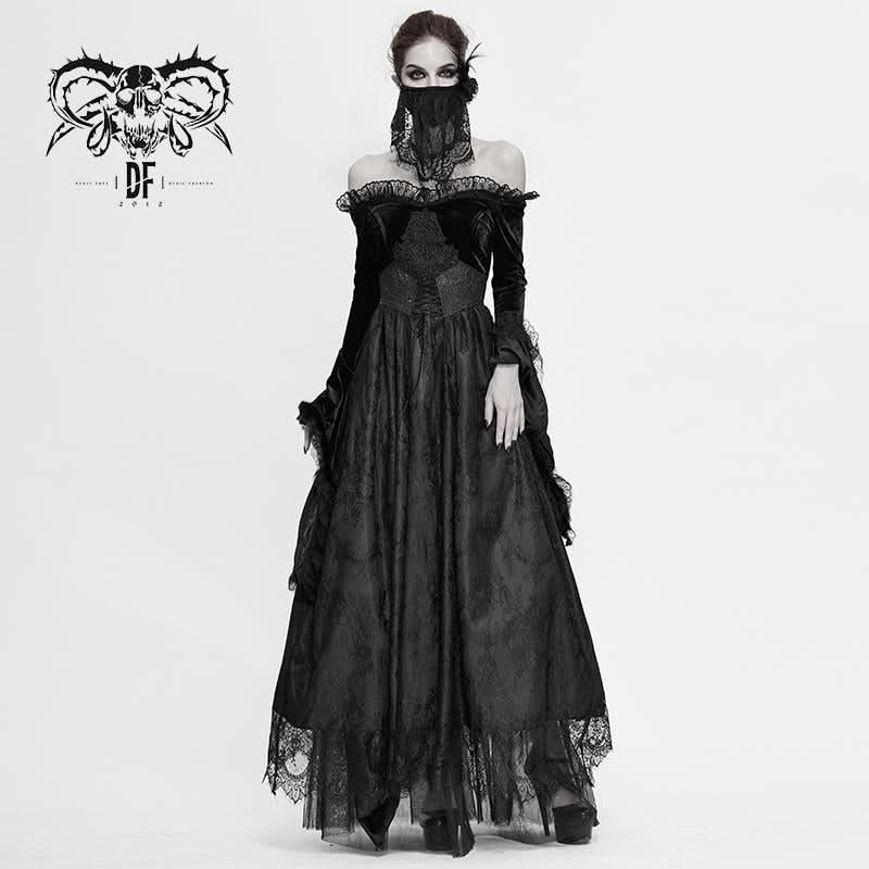 Gothic Off Shoulder Lace Pleated Sexy Women Formal Long Dress With Fur Collar