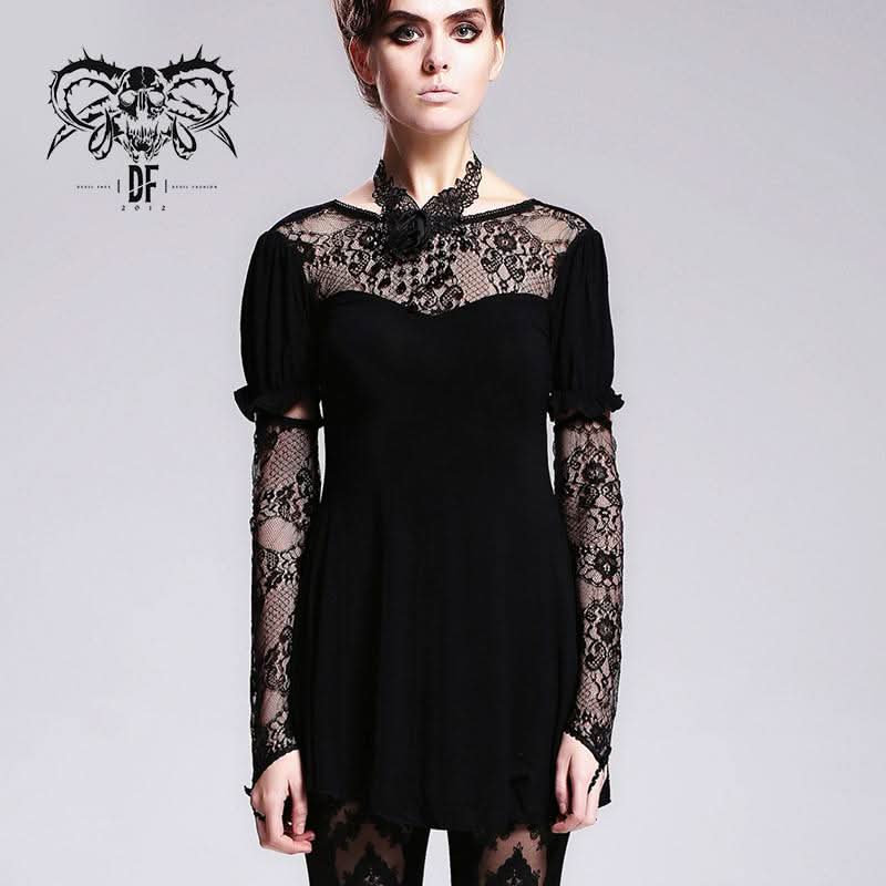Gothic Sexy Women Mid Length Gothic Patterned Lace Modal T Shirt With Necklace