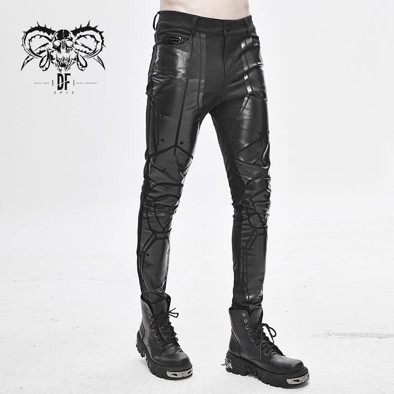 Robot Armor Gloss Printing Skinny Black Stretch Men Trousers