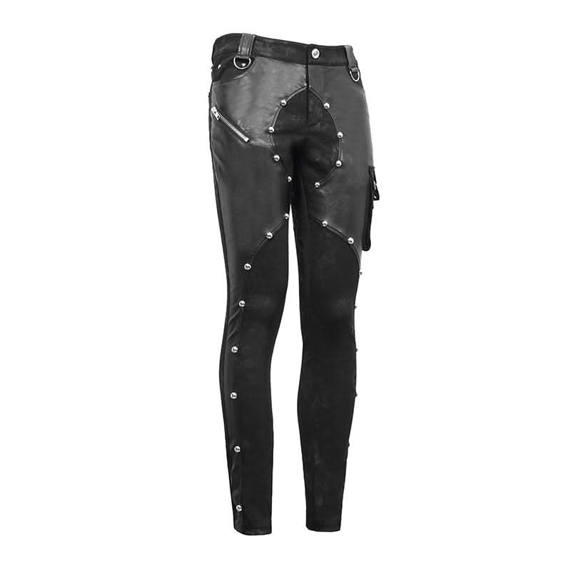Patchwork Asymmetric Rivet Studded Punk Leather Men Trousers
