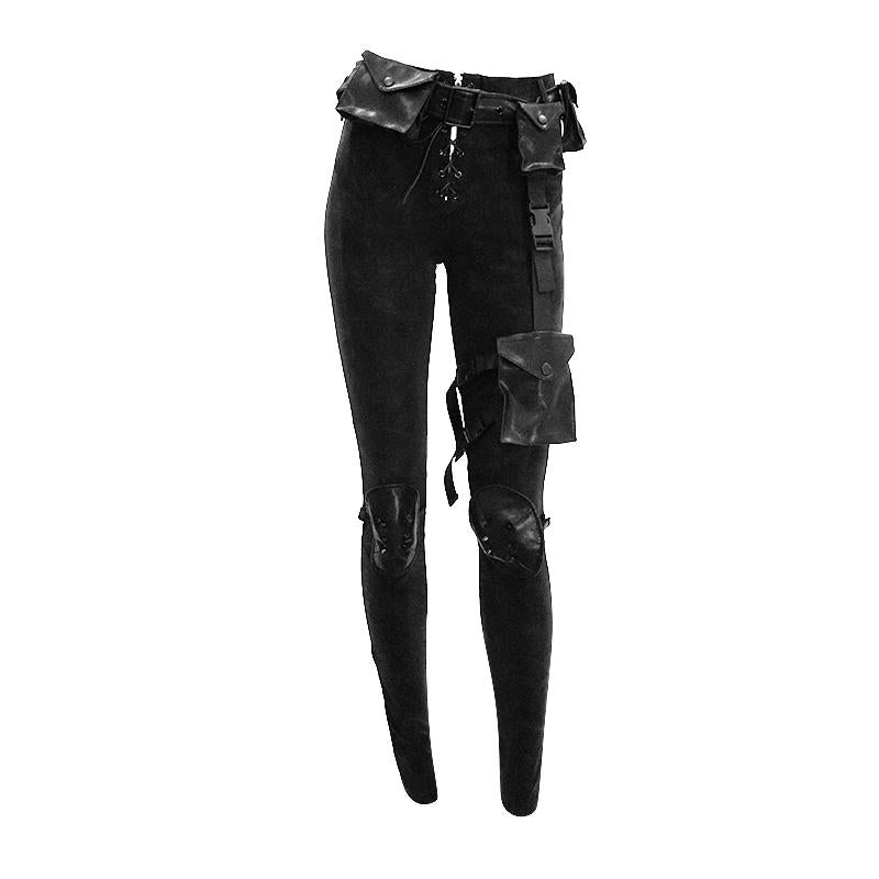Biker Daily Dark Pattern Women Punk Stretchy Fitted Pants With Bags