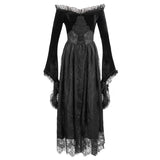 Gothic Off Shoulder Lace Pleated Sexy Women Formal Long Dress With Fur Collar