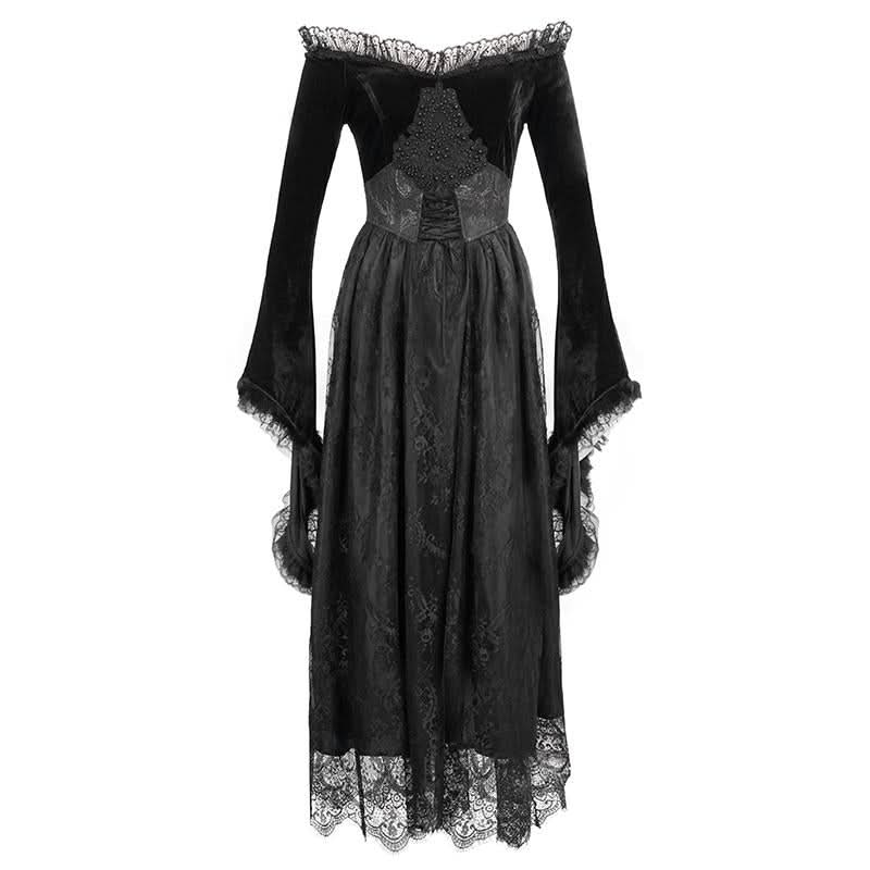 Gothic Off Shoulder Lace Pleated Sexy Women Formal Long Dress With Fur Collar